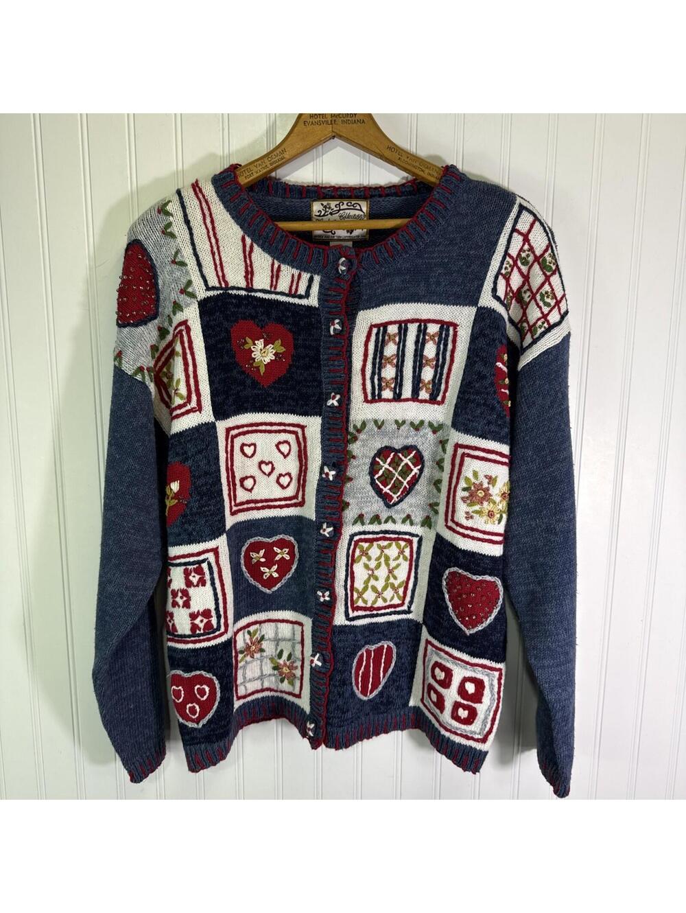 Heirloom Collectibles Sweater Cardigan Hearts Valentines Patchwork Embroidery L
